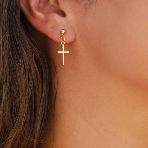 Simplistic Dangling Cross Ball Stud Earrings - Picture 3 of 3